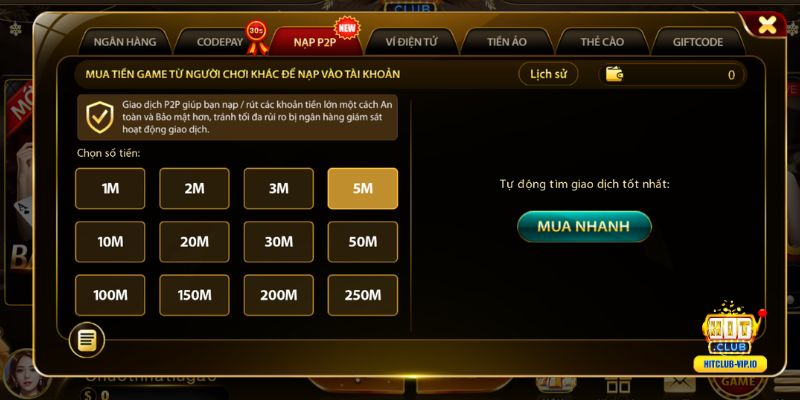 Hướng dẫn nạp tiền Hitclub bằng P2P