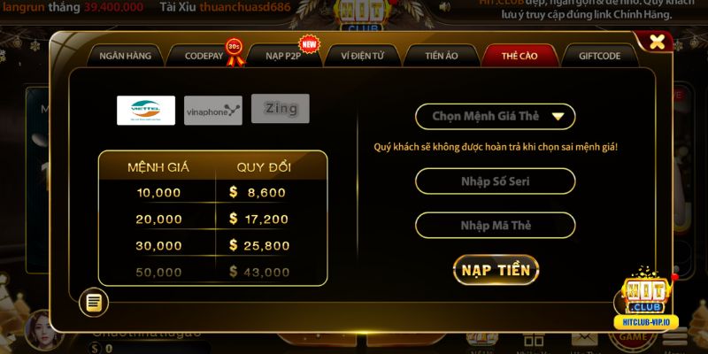 Hướng dẫn nạp tiền Hitclub bằng Thẻ cào