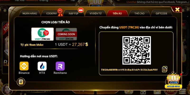 Hướng dẫn nạp tiền Hitclub bằng USDT TRC20